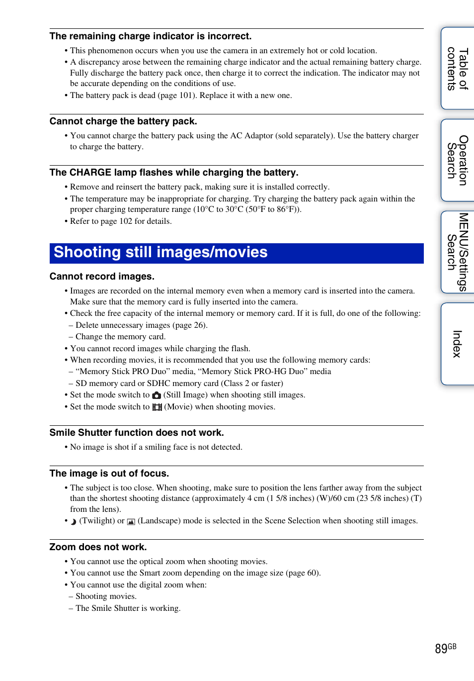 Shooting still images/movies | Sony Cyber-shot 4-166-049-12(1) User Manual | Page 89 / 104