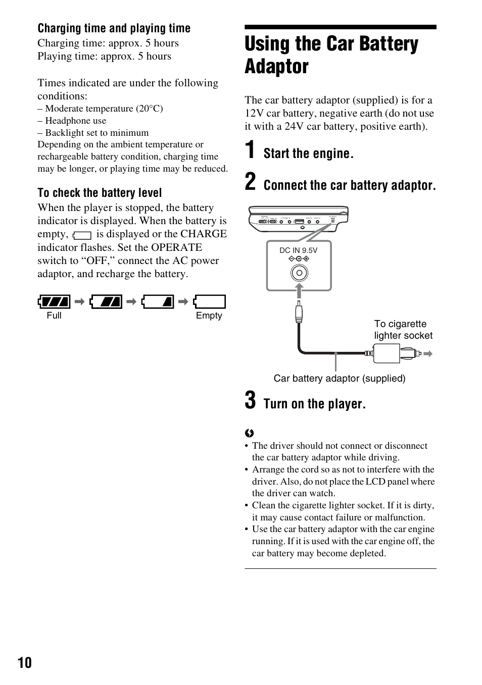 Using the car battery adaptor, Start the engine, Connect the car battery adaptor | Turn on the player | Sony DVP-FX730 User Manual | Page 10 / 32