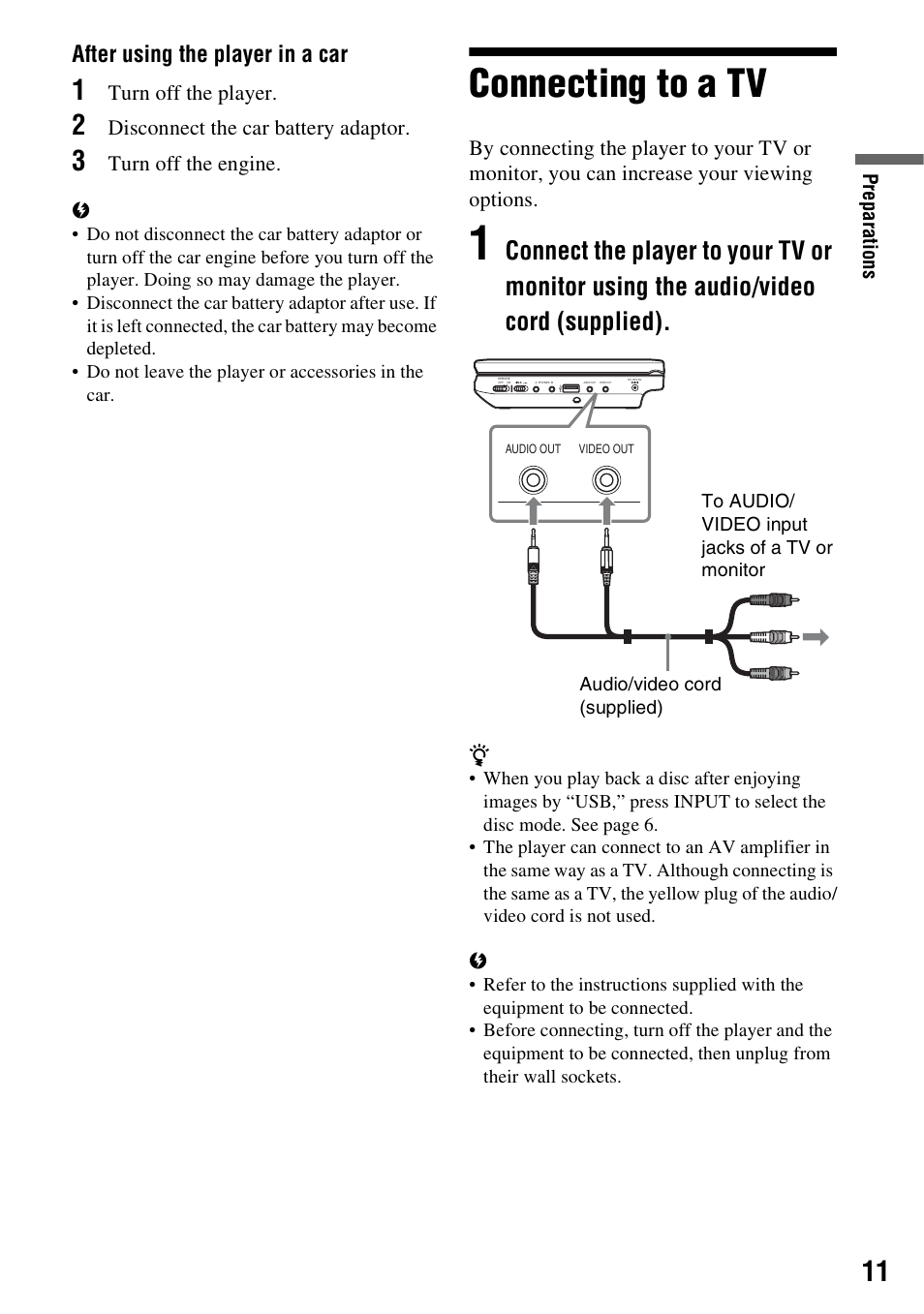 Connecting to a tv, After using the player in a car | Sony DVP-FX730 User Manual | Page 11 / 32