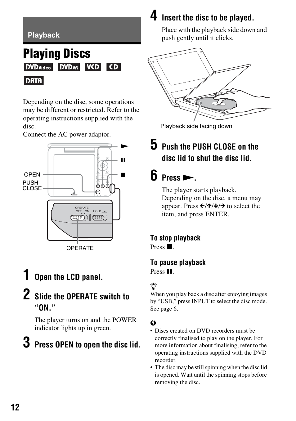 Playback, Playing discs, Open the lcd panel | Slide the operate switch to “on, Press open to open the disc lid, Insert the disc to be played, Press n | Sony DVP-FX730 User Manual | Page 12 / 32