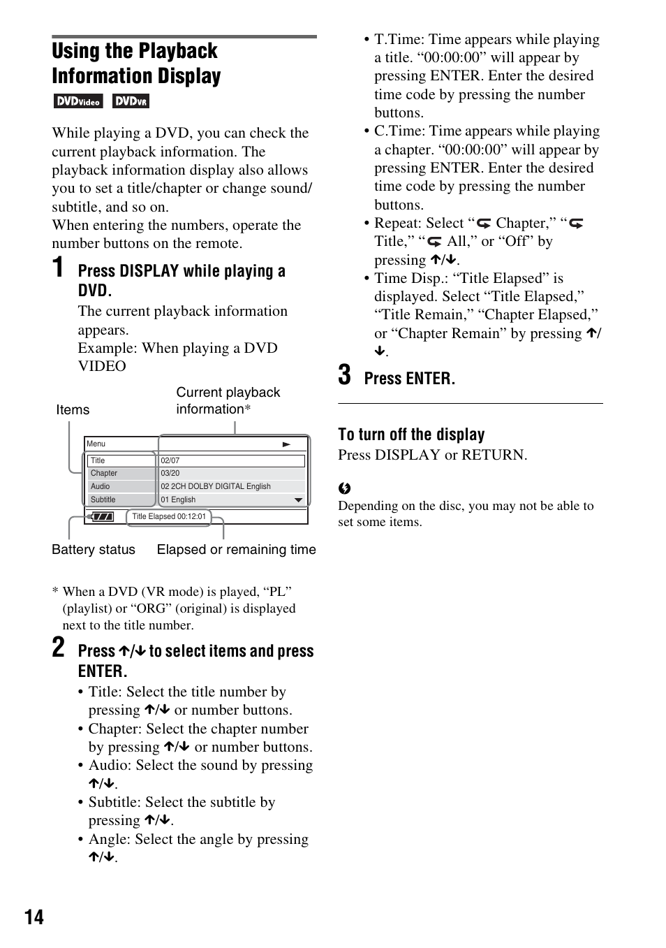 Using the playback information display | Sony DVP-FX730 User Manual | Page 14 / 32