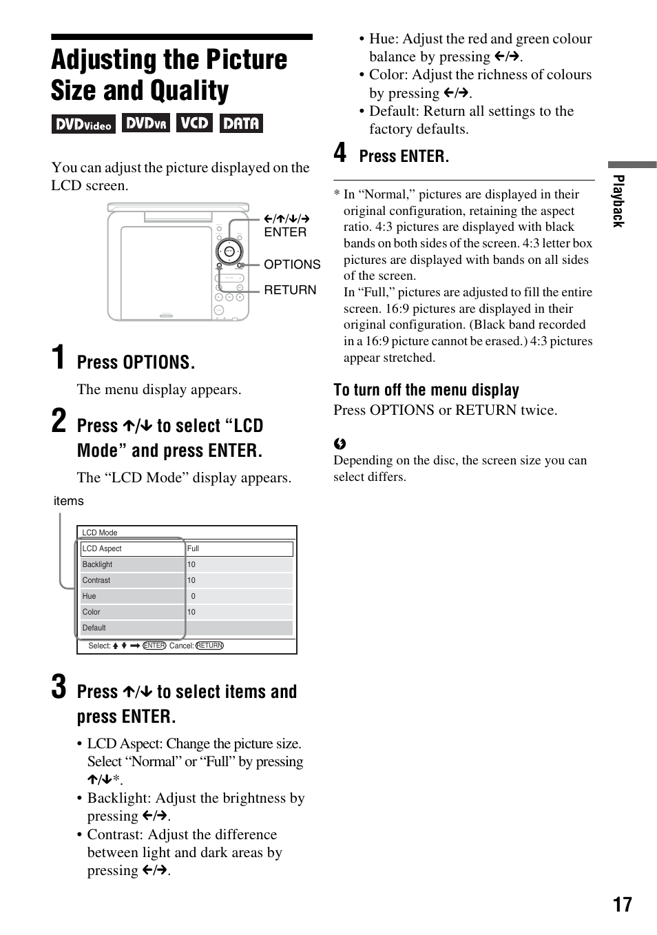 Adjusting the picture size and quality, Press options, Press x / x to select “lcd mode” and press enter | Press x/x to select items and press enter, Press enter, The menu display appears, The “lcd mode” display appears, Press options or return twice | Sony DVP-FX730 User Manual | Page 17 / 32