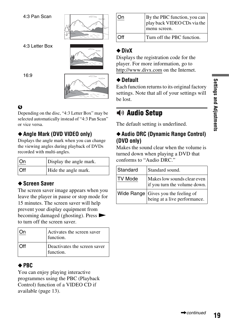 Audio setup | Sony DVP-FX730 User Manual | Page 19 / 32