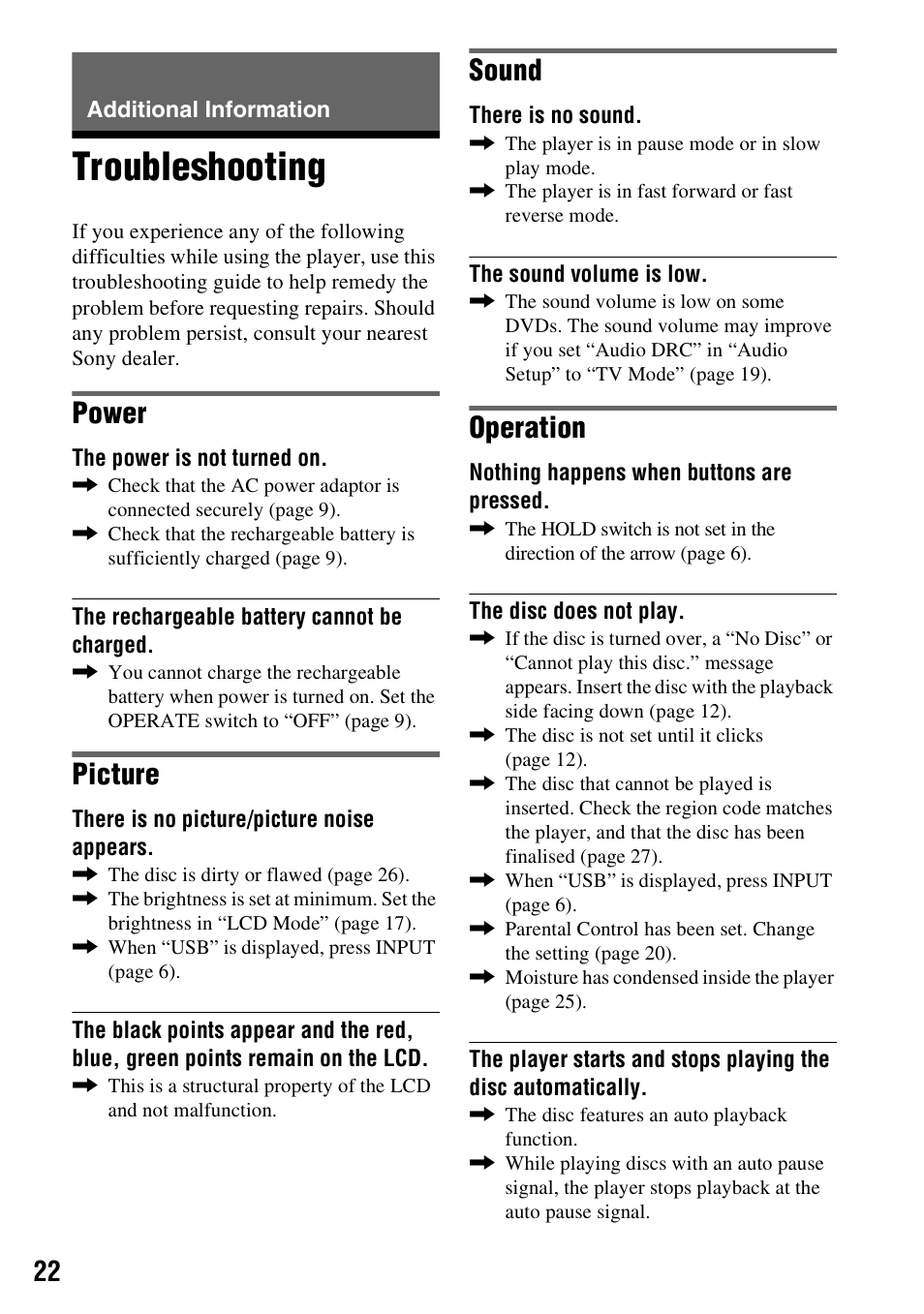 Additional information, Troubleshooting, Power | Picture, Sound, Operation | Sony DVP-FX730 User Manual | Page 22 / 32