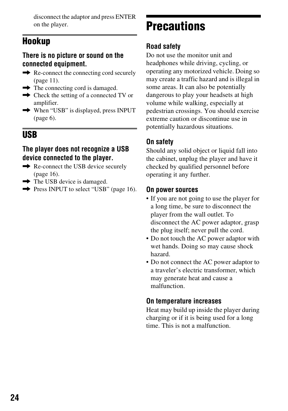 Precautions, Hookup | Sony DVP-FX730 User Manual | Page 24 / 32