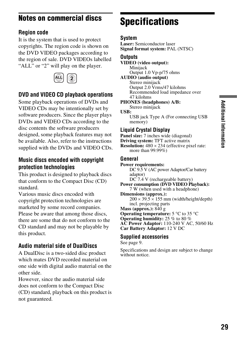 Specifications | Sony DVP-FX730 User Manual | Page 29 / 32