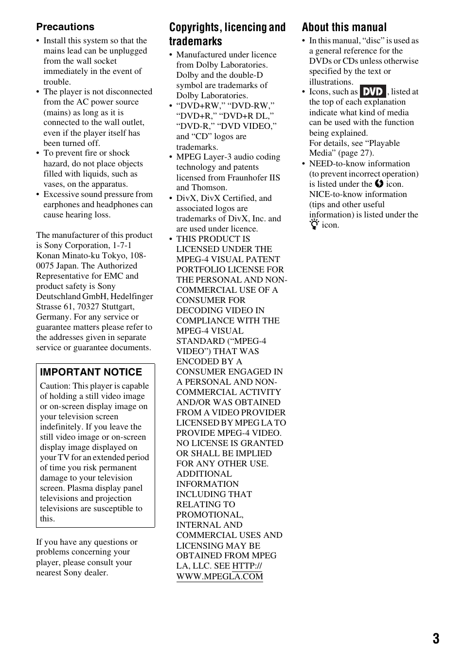 Copyrights, licencing and trademarks, About this manual | Sony DVP-FX730 User Manual | Page 3 / 32