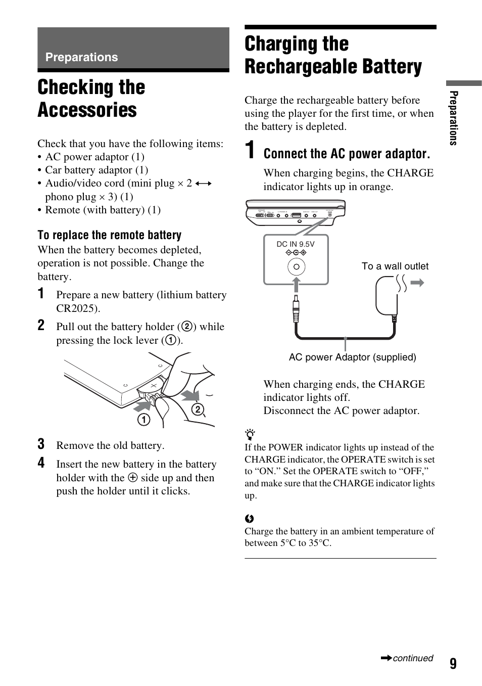 Preparations, Checking the accessories, Charging the rechargeable battery | Connect the ac power adaptor | Sony DVP-FX730 User Manual | Page 9 / 32