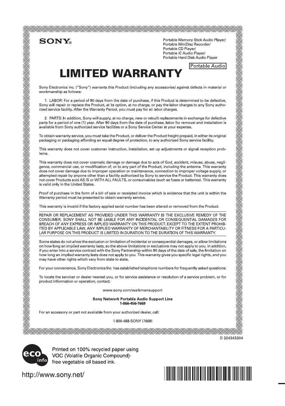 This warranty is valid only in the united states | Sony MZ-NH1 User Manual | Page 128 / 128