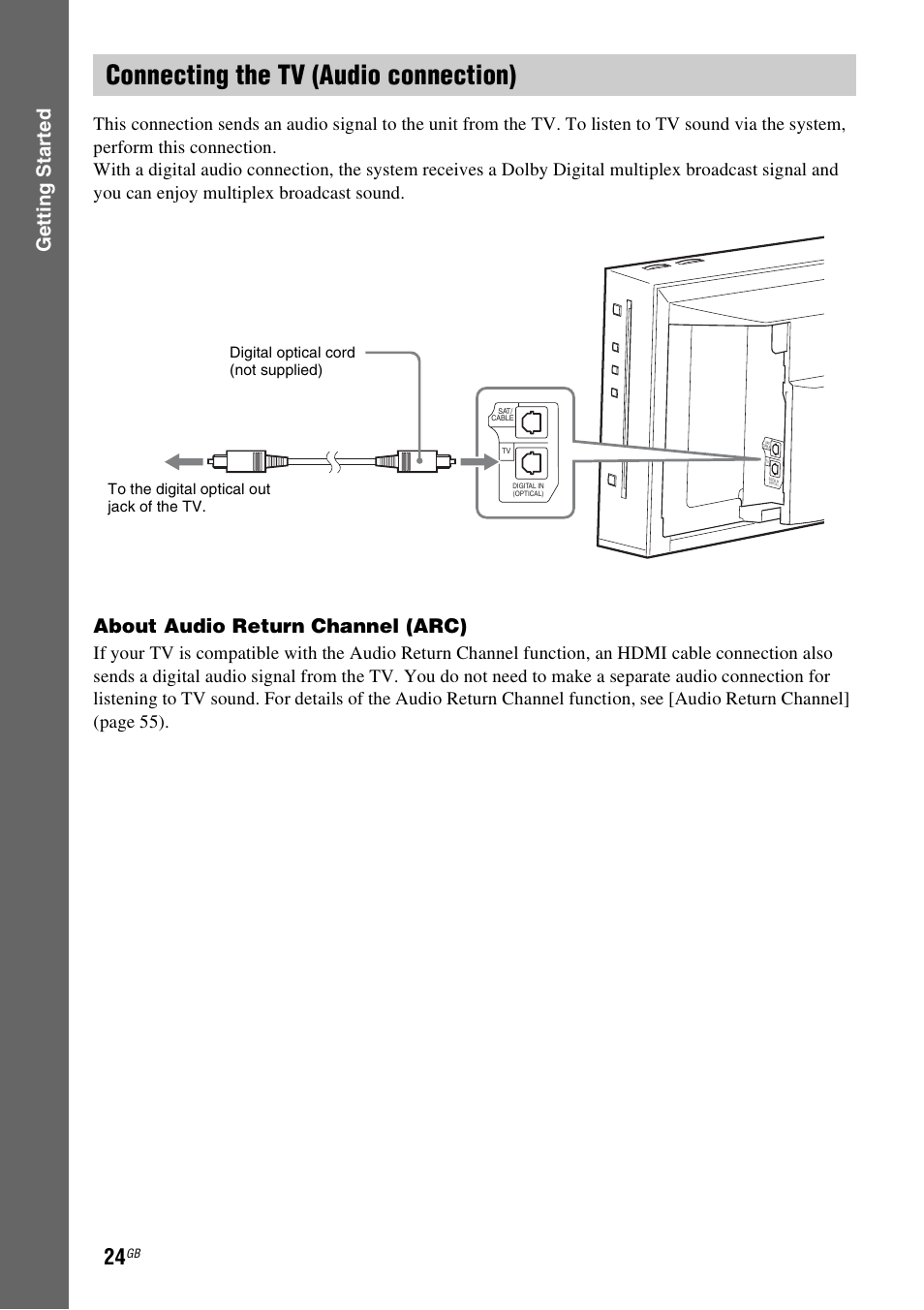 Connecting the tv (audio connection), Gettin g star ted, About audio return channel (arc) | Sony Blu-ray Disc/DVD Home Theatre System 4-184-716-51(1) User Manual | Page 24 / 76