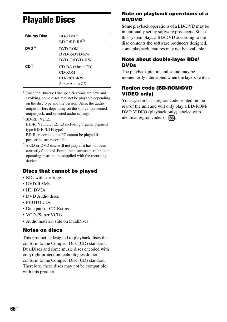 Playable discs | Sony Blu-ray Disc/DVD Home Theatre System 4-184-716-51(1) User Manual | Page 66 / 76