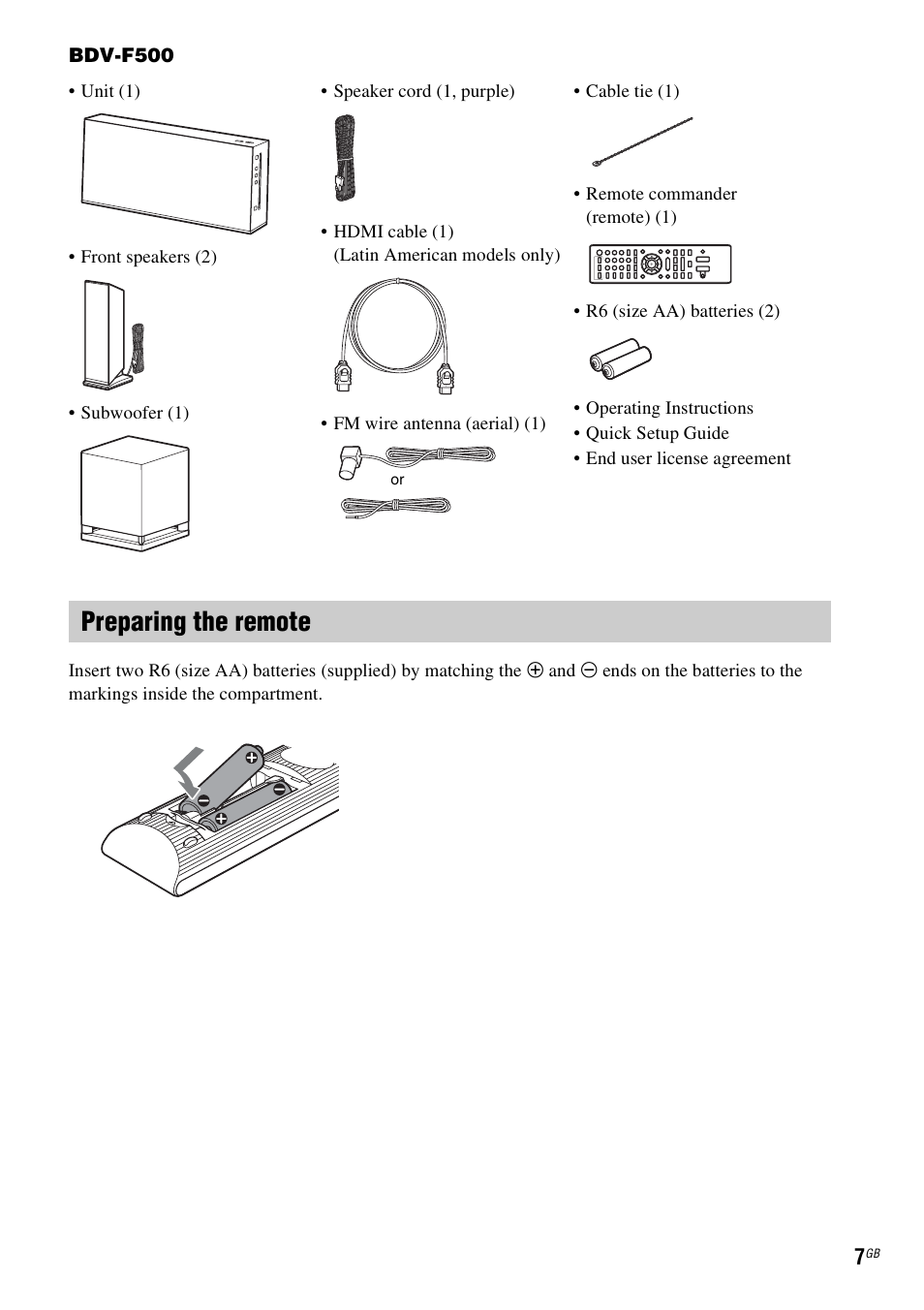 Preparing the remote | Sony Blu-ray Disc/DVD Home Theatre System 4-184-716-51(1) User Manual | Page 7 / 76