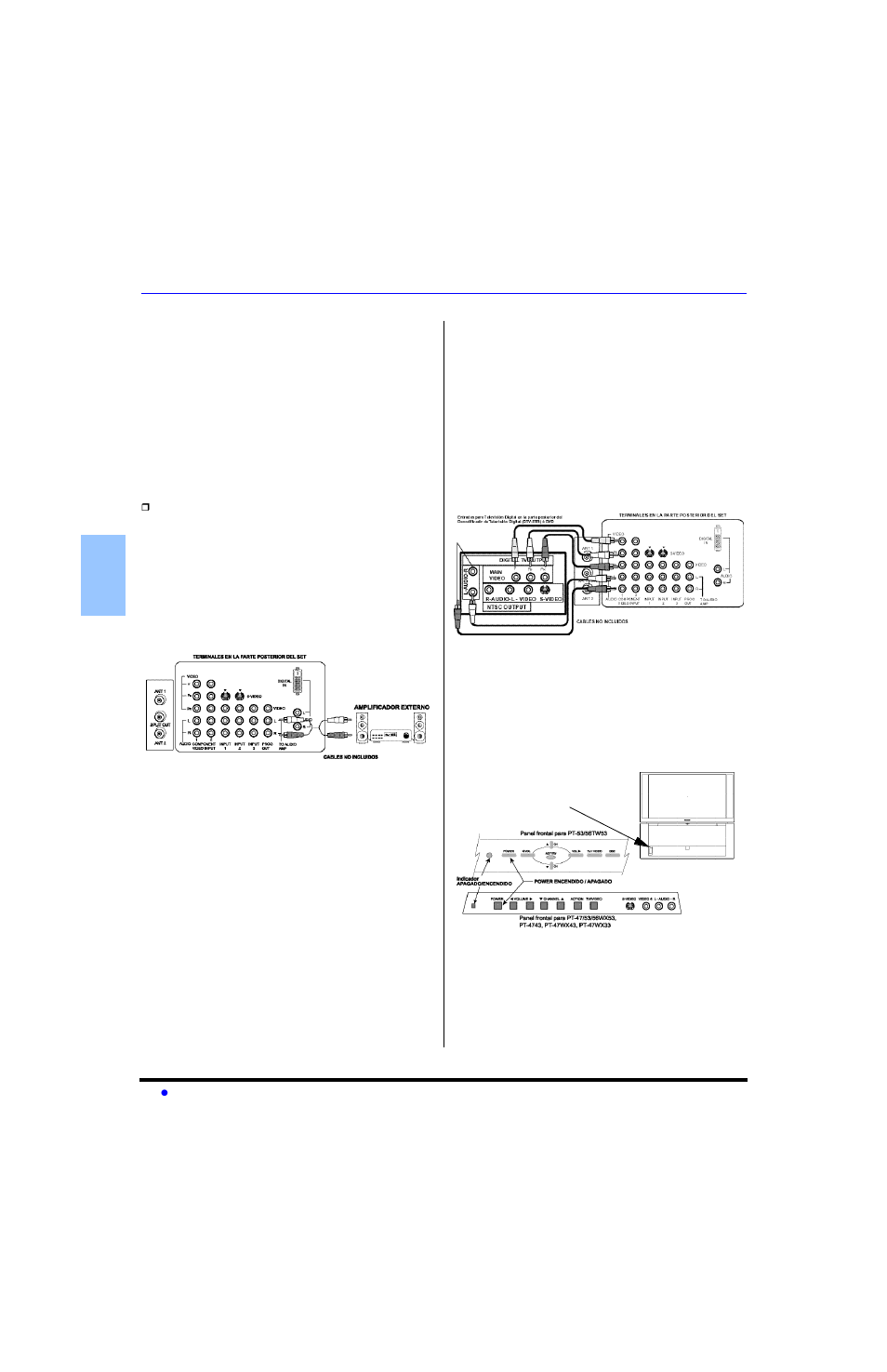 Conexion del amplificador de sonido, Conexion del decodificador de television digital, Panel de control frontal | Sony PT-47WX53 User Manual | Page 40 / 104