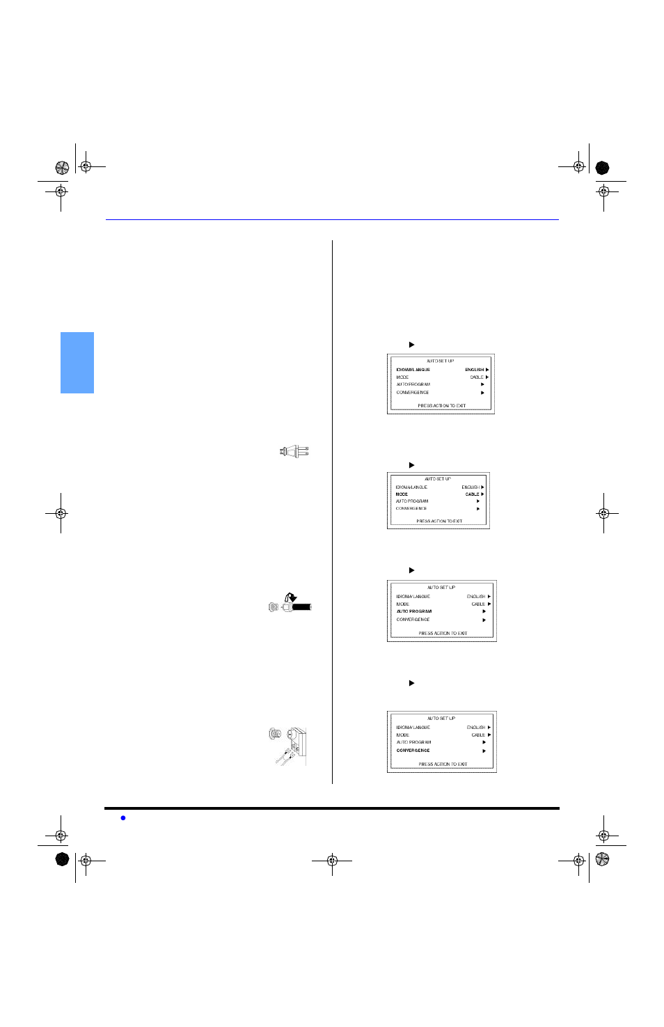 Installation, Television location, Optional cable connections | Ac power supply cord, Cable / antenna connection, Auto set up menu | Sony PT-47WX53 User Manual | Page 6 / 104