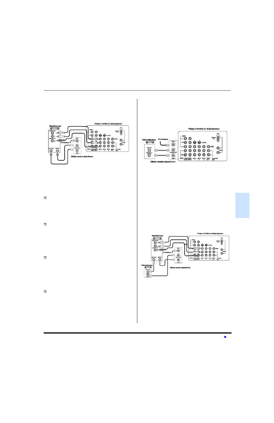 Branchement d'appareils auxiliaires, Branchement a un magnetoscope, Branchement a un cabloselecteur | Branchement a un magnetoscope et un cabloselecteur, Branchement d ’ appareils auxiliaires | Sony PT-47WX53 User Manual | Page 71 / 104