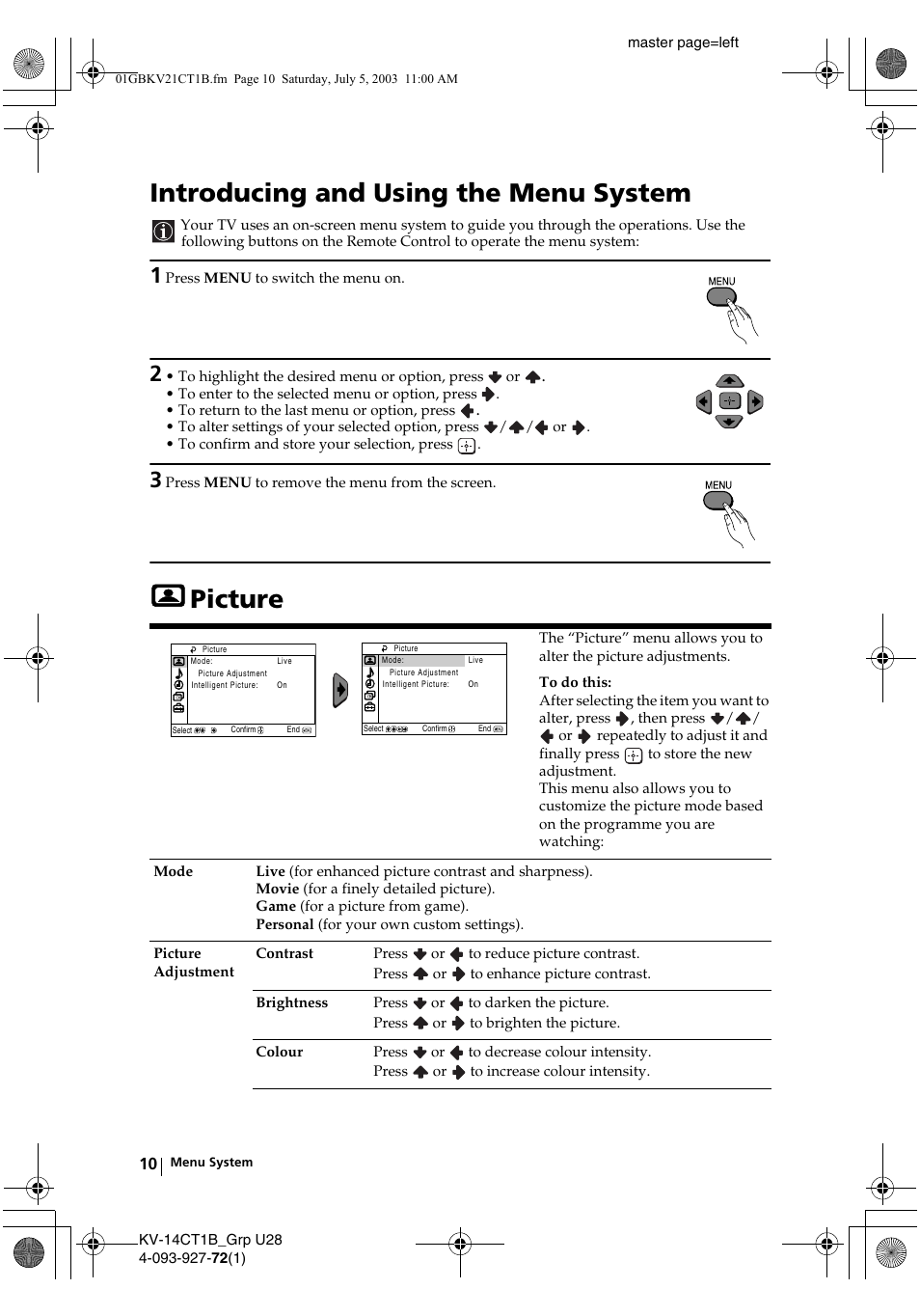 Introducing and using the menu system, Picture | Sony KV-21CT1B User Manual | Page 10 / 20