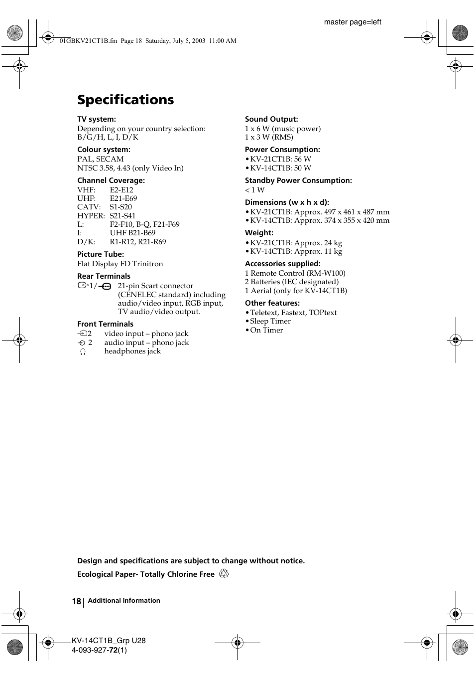 Specifications | Sony KV-21CT1B User Manual | Page 18 / 20