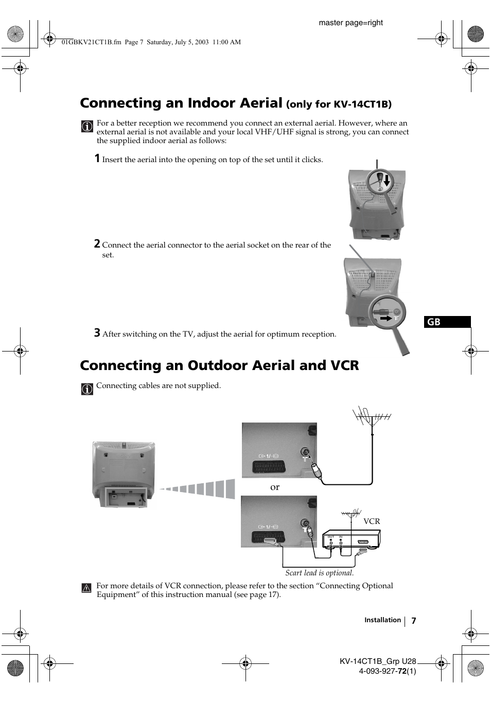 Connecting an indoor aerial, Connecting an outdoor aerial and vcr | Sony KV-21CT1B User Manual | Page 7 / 20