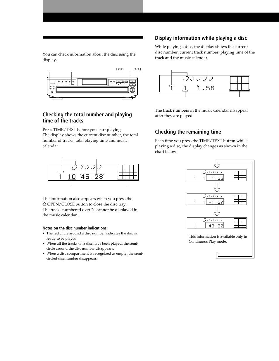 Using the display, Playing cds, Display information while playing a disc | Checking the remaining time, Total playing time current disc number | Sony CDP-CE545 User Manual | Page 10 / 88