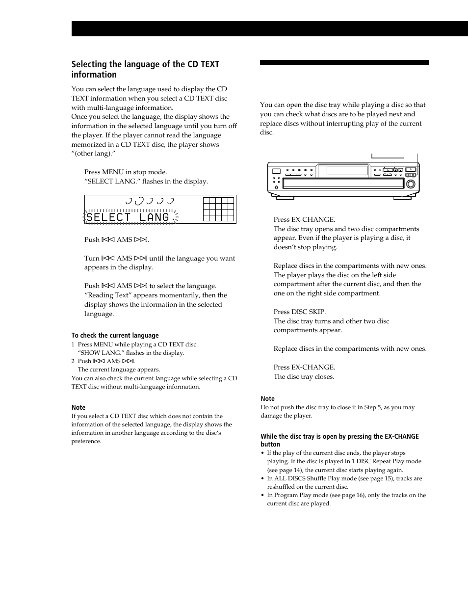 Replacing discs while playing a disc, Playing cds, Selecting the language of the cd text information | Sony CDP-CE545 User Manual | Page 12 / 88