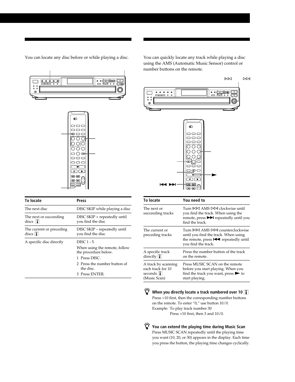 Locating a specific disc, Locating a specific track, Playing cds | Sony CDP-CE545 User Manual | Page 13 / 88