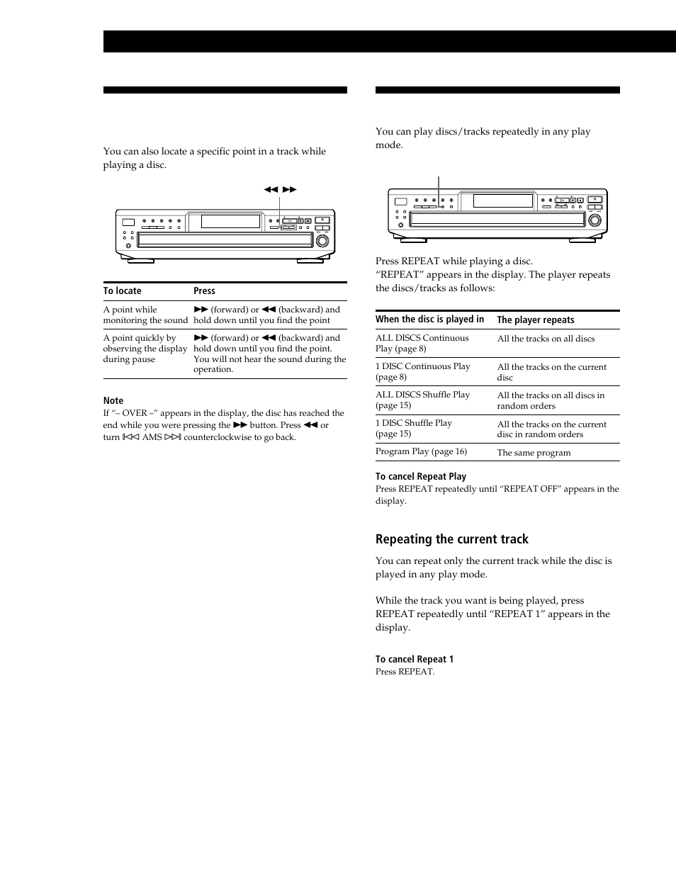 Playing repeatedly, Locating a particular point in a track, Playing cds | Repeating the current track | Sony CDP-CE545 User Manual | Page 14 / 88