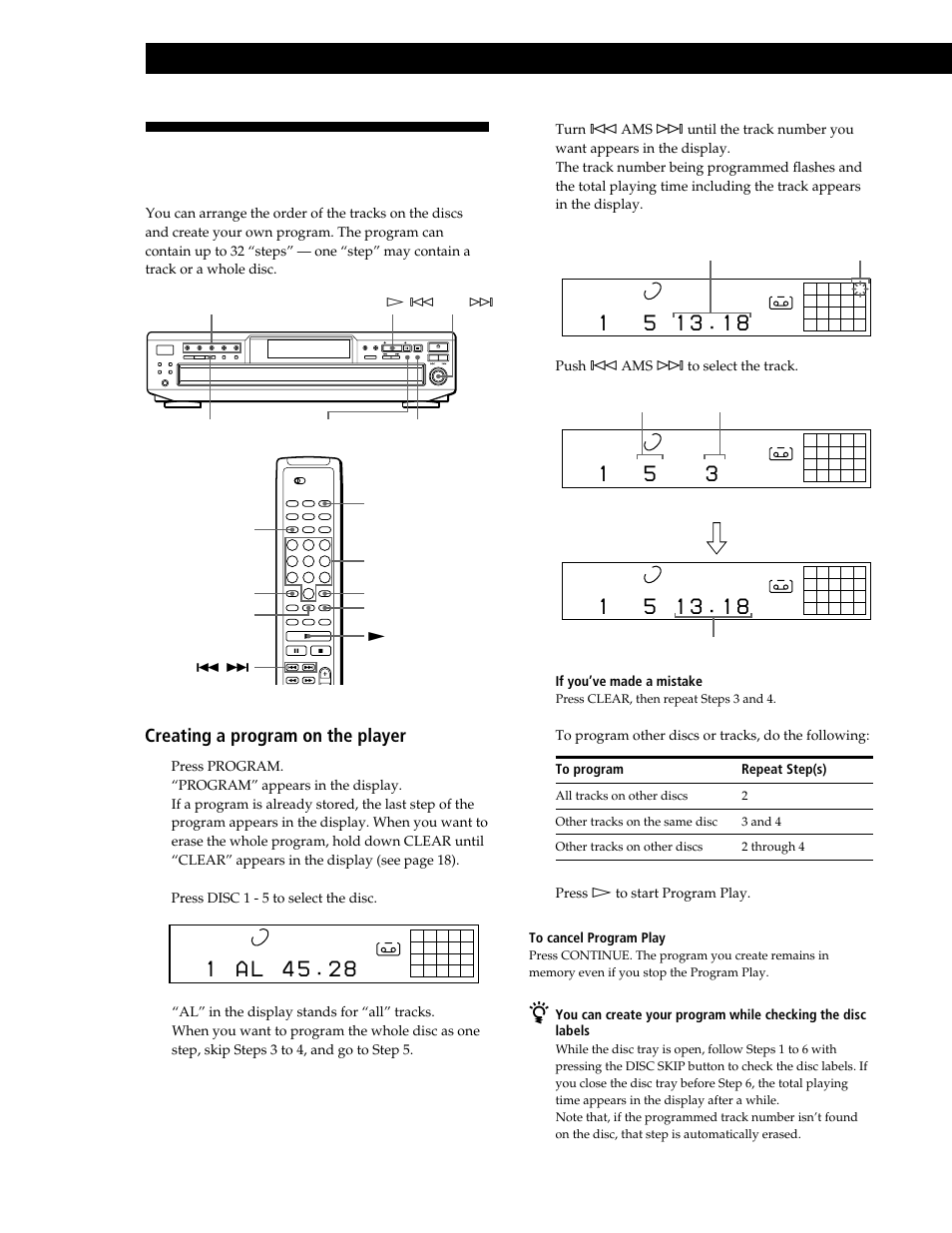 Creating your own program (program play), Playing cds, Creating a program on the player 1 | Sony CDP-CE545 User Manual | Page 16 / 88