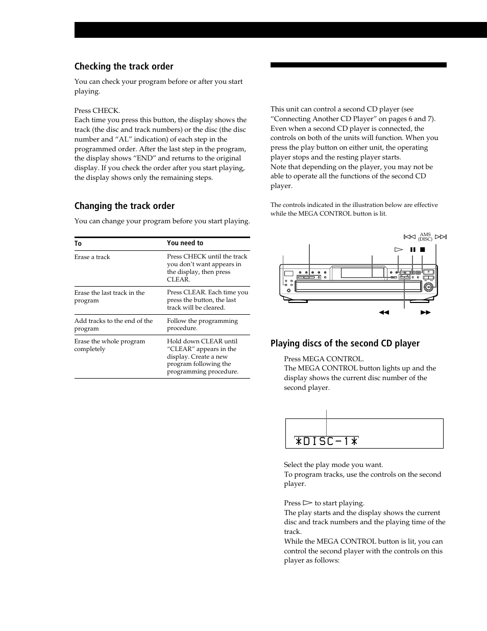 Playing cds, Playing discs of the second cd player 1, Checking the track order | Changing the track order | Sony CDP-CE545 User Manual | Page 18 / 88