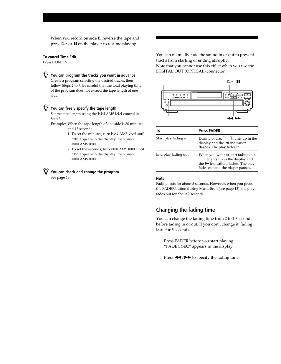 Fading in or out, Recording from cds, Changing the fading time | Sony CDP-CE545 User Manual | Page 22 / 88