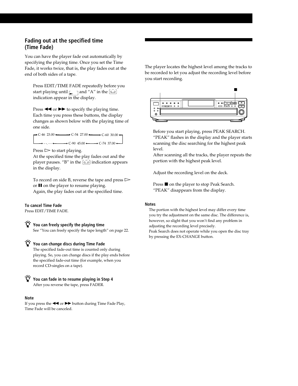 Adjusting the recording level (peak search), Recording from cds, Fading out at the specified time (time fade) | Sony CDP-CE545 User Manual | Page 23 / 88