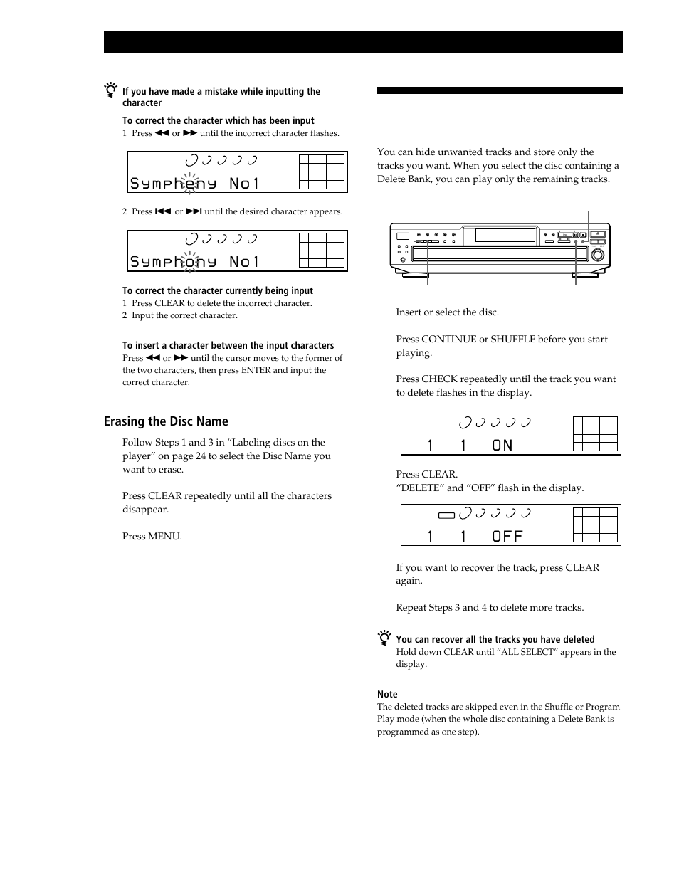 Storing specific tracks (delete bank), 1 1 o n, 1 1 o f f | Storing information about cds (custom files), Erasing the disc name 1 | Sony CDP-CE545 User Manual | Page 26 / 88