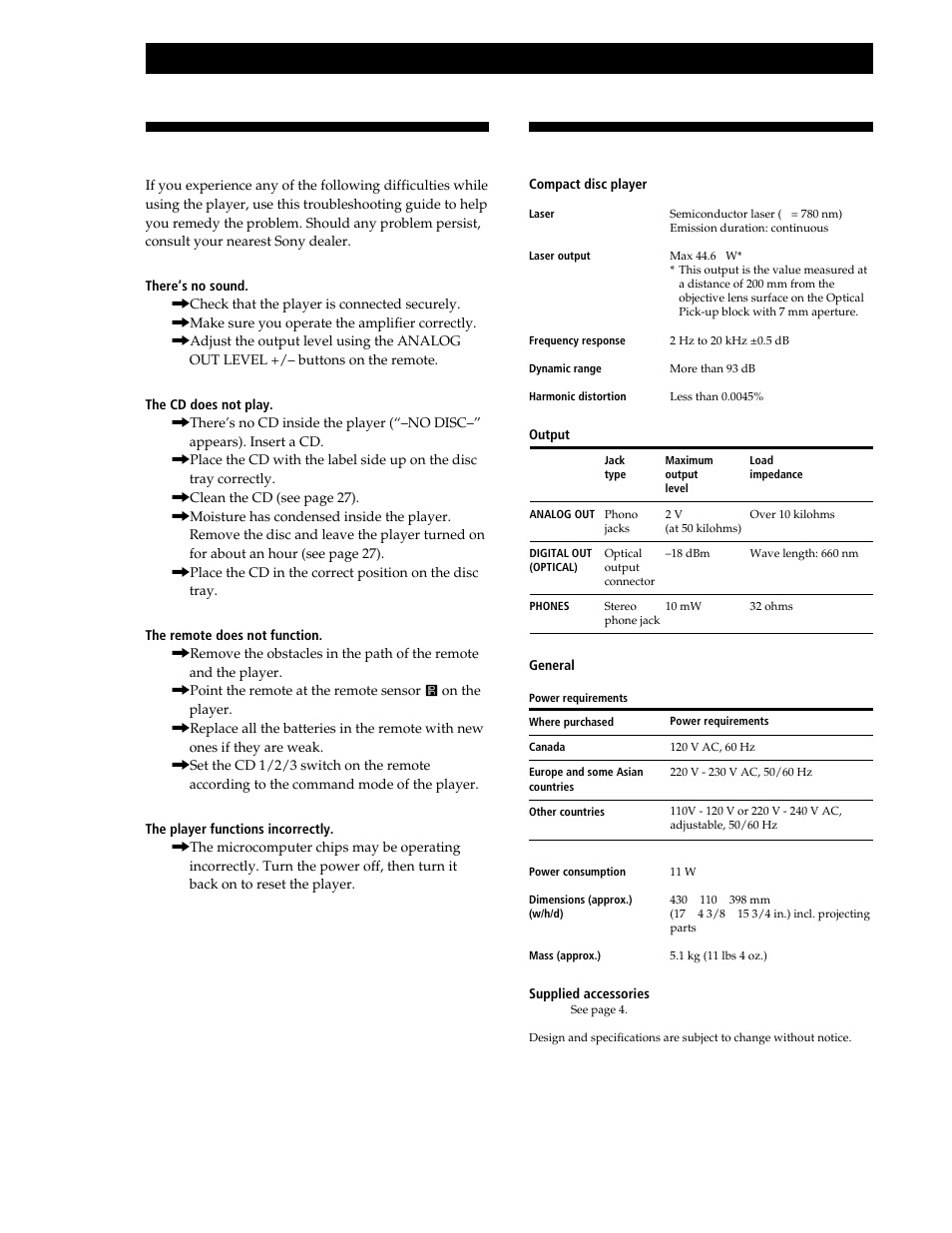 Specifications, Troubleshooting, Additional information | Sony CDP-CE545 User Manual | Page 28 / 88