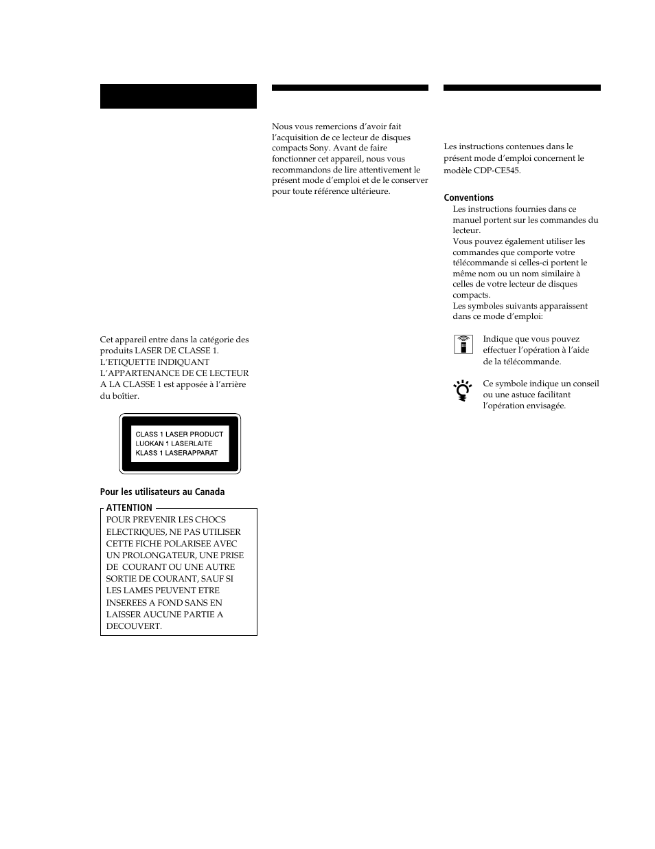 A propos de ce manuel, Bienvenue, Avertissement | Sony CDP-CE545 User Manual | Page 30 / 88