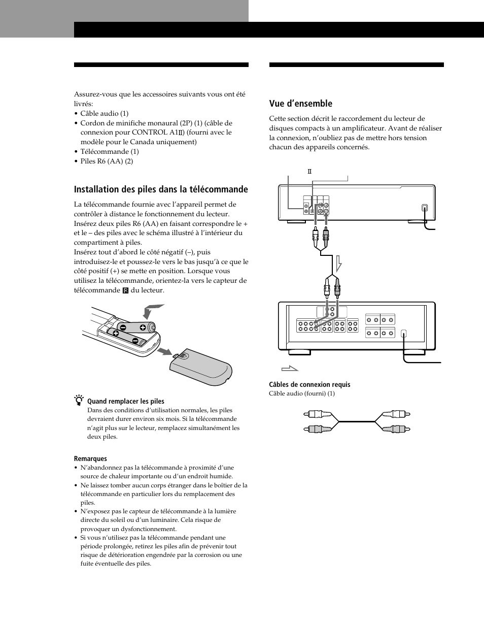 Déballage, Raccordement du système, Préparation | Installation des piles dans la télécommande, Vue d’ensemble | Sony CDP-CE545 User Manual | Page 32 / 88