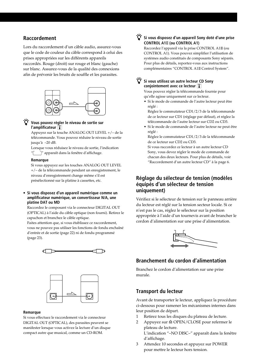 Préparation, Raccordement, Branchement du cordon d’alimentation | Transport du lecteur | Sony CDP-CE545 User Manual | Page 33 / 88