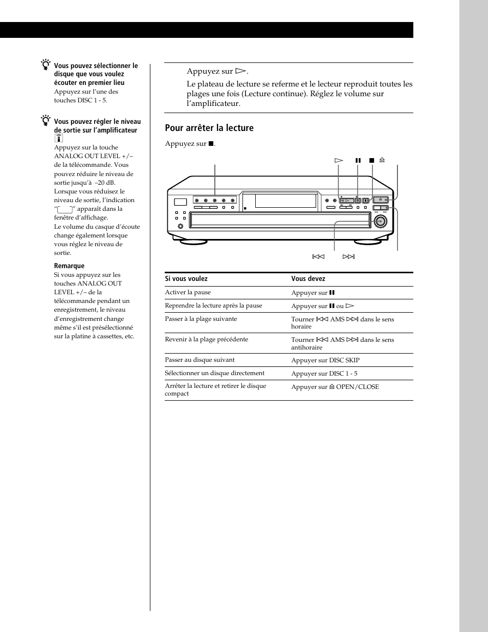 Op é rations de base opérations de base, Pour arrêter la lecture, Remarque | Appuyez sur, Si vous voulez, Vous devez | Sony CDP-CE545 User Manual | Page 37 / 88