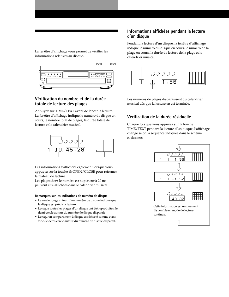 Utilisation de la fenêtre d’affichage, Lecture de disques compacts, Vérification de la durée résiduelle | Time/text, Menu l ams l appuyez sur time/text | Sony CDP-CE545 User Manual | Page 38 / 88