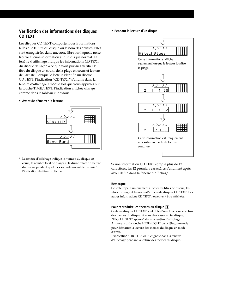 Lecture de disques compacts, Vérification des informations des disques cd text, Pendant la lecture d’un disque | Pour reproduire les thèmes du disque, Avant de démarrer la lecture | Sony CDP-CE545 User Manual | Page 39 / 88