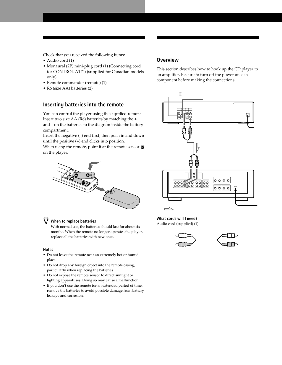 Unpacking, Hooking up the system, Getting started | Inserting batteries into the remote, Overview | Sony CDP-CE545 User Manual | Page 4 / 88