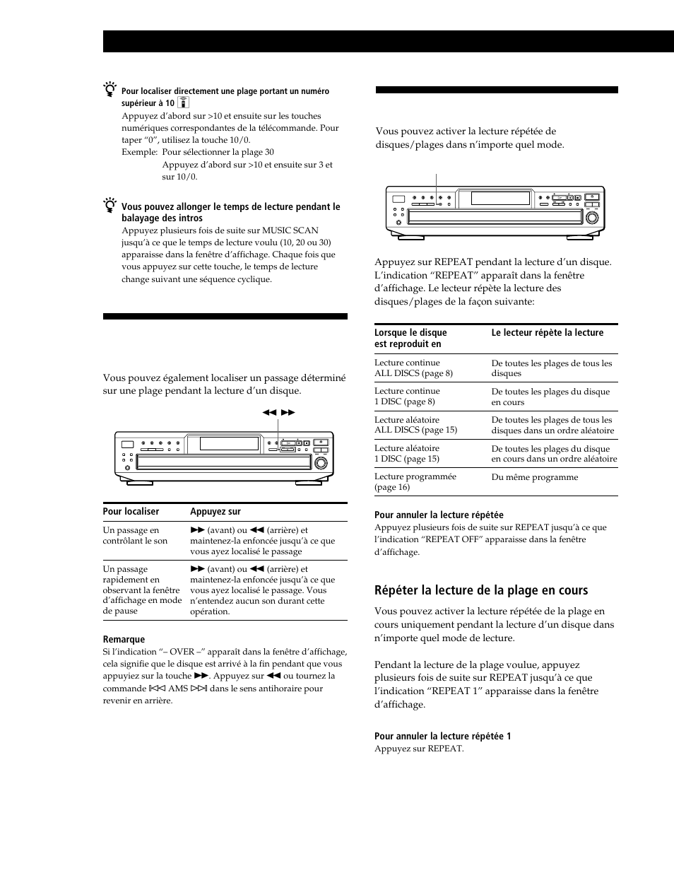 Lecture de plages répétée, Lecture de disques compacts, Répéter la lecture de la plage en cours | Sony CDP-CE545 User Manual | Page 42 / 88