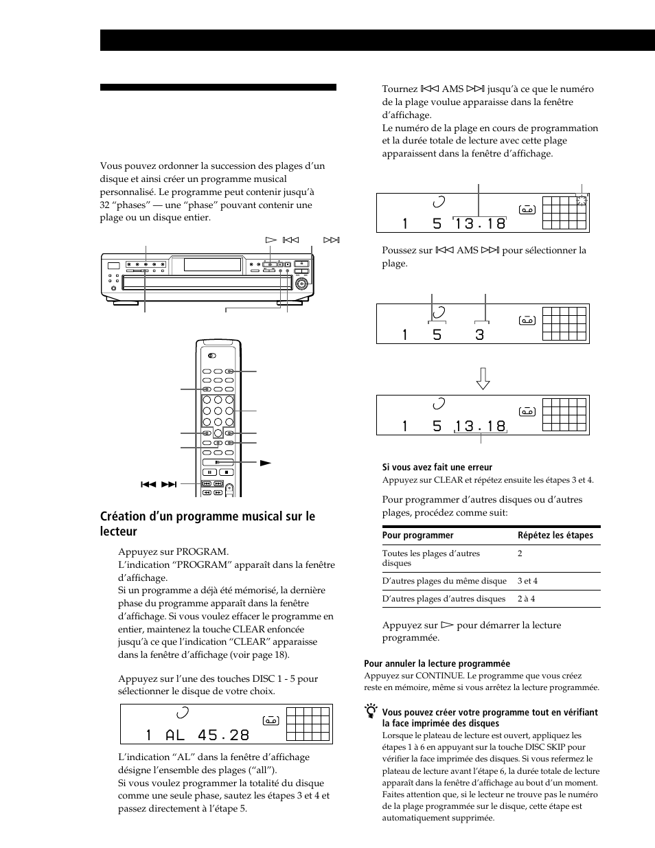 Lecture de disques compacts, Création d’un programme musical sur le lecteur 1 | Sony CDP-CE545 User Manual | Page 44 / 88