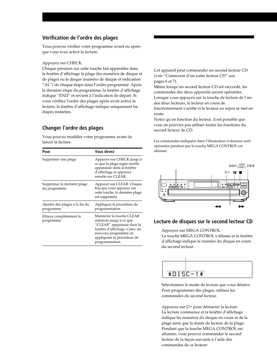 Lecture de disques compacts, Vérification de l’ordre des plages, Changer l’ordre des plages | Lecture de disques sur le second lecteur cd 1 | Sony CDP-CE545 User Manual | Page 46 / 88