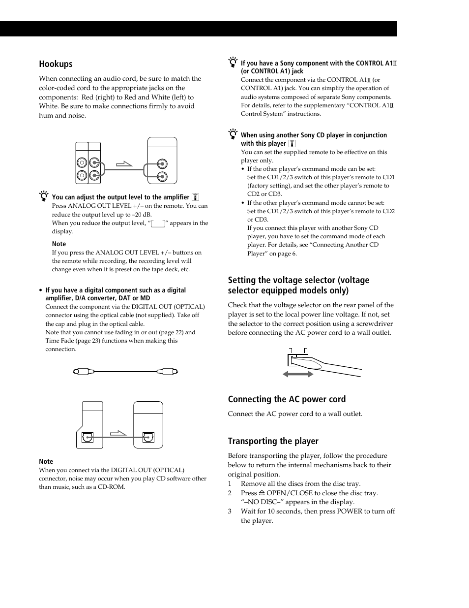 Getting started, Hookups, Connecting the ac power cord | Transporting the player | Sony CDP-CE545 User Manual | Page 5 / 88