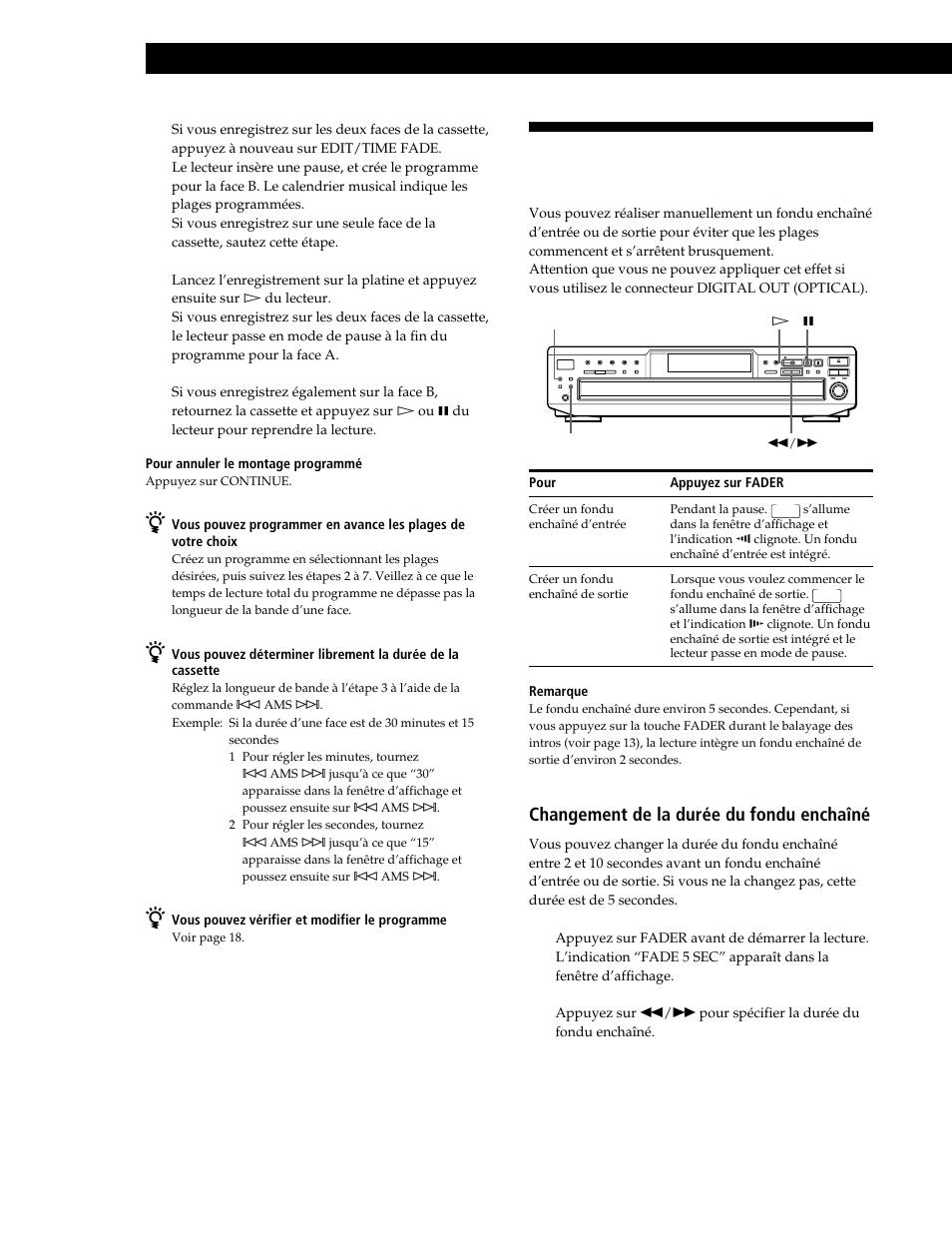 Fondu enchaîné d’entrée et de sortie, Enregistrement de disques compacts, Changement de la durée du fondu enchaîné | Sony CDP-CE545 User Manual | Page 50 / 88