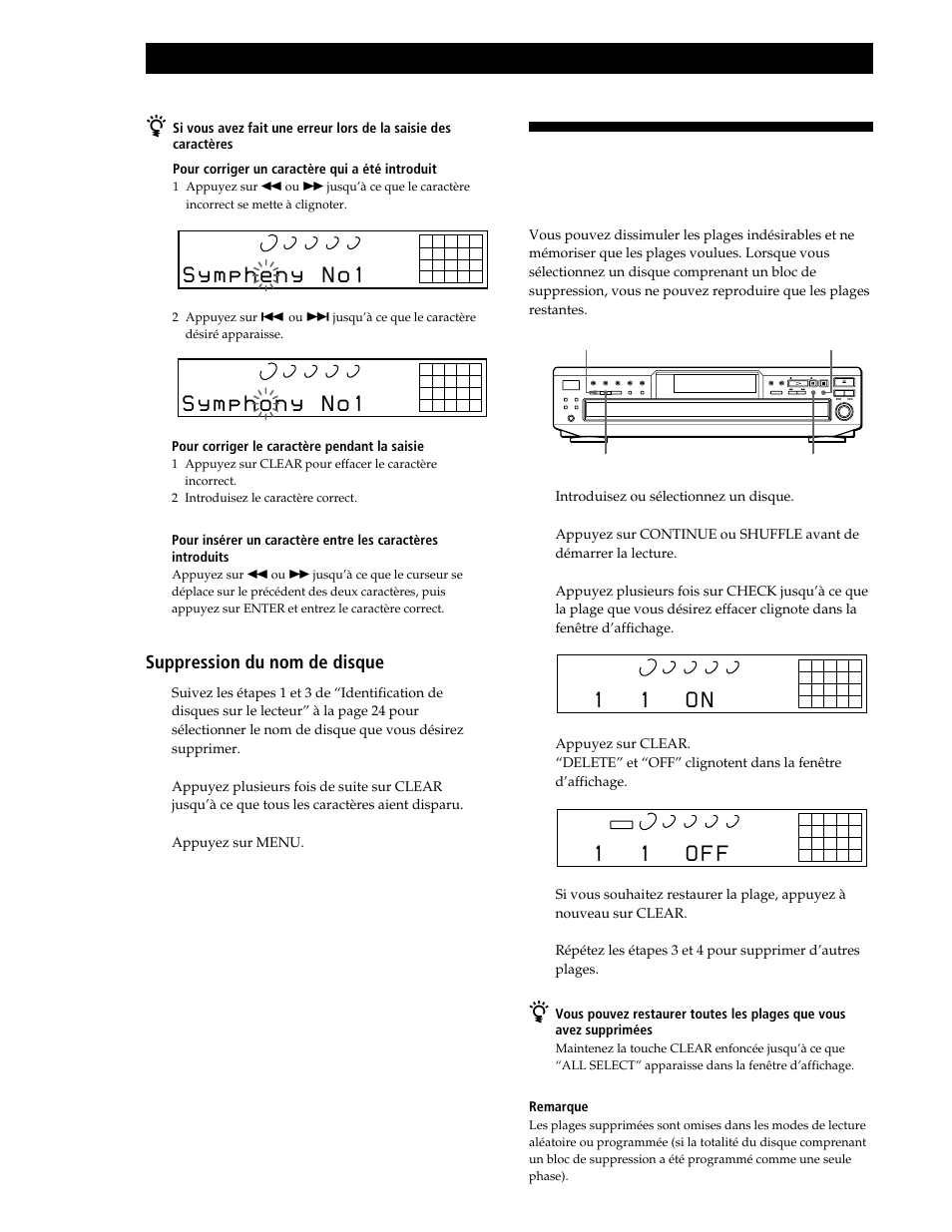 1 1 o n, 1 1 o f f, Suppression du nom de disque 1 | Sony CDP-CE545 User Manual | Page 54 / 88