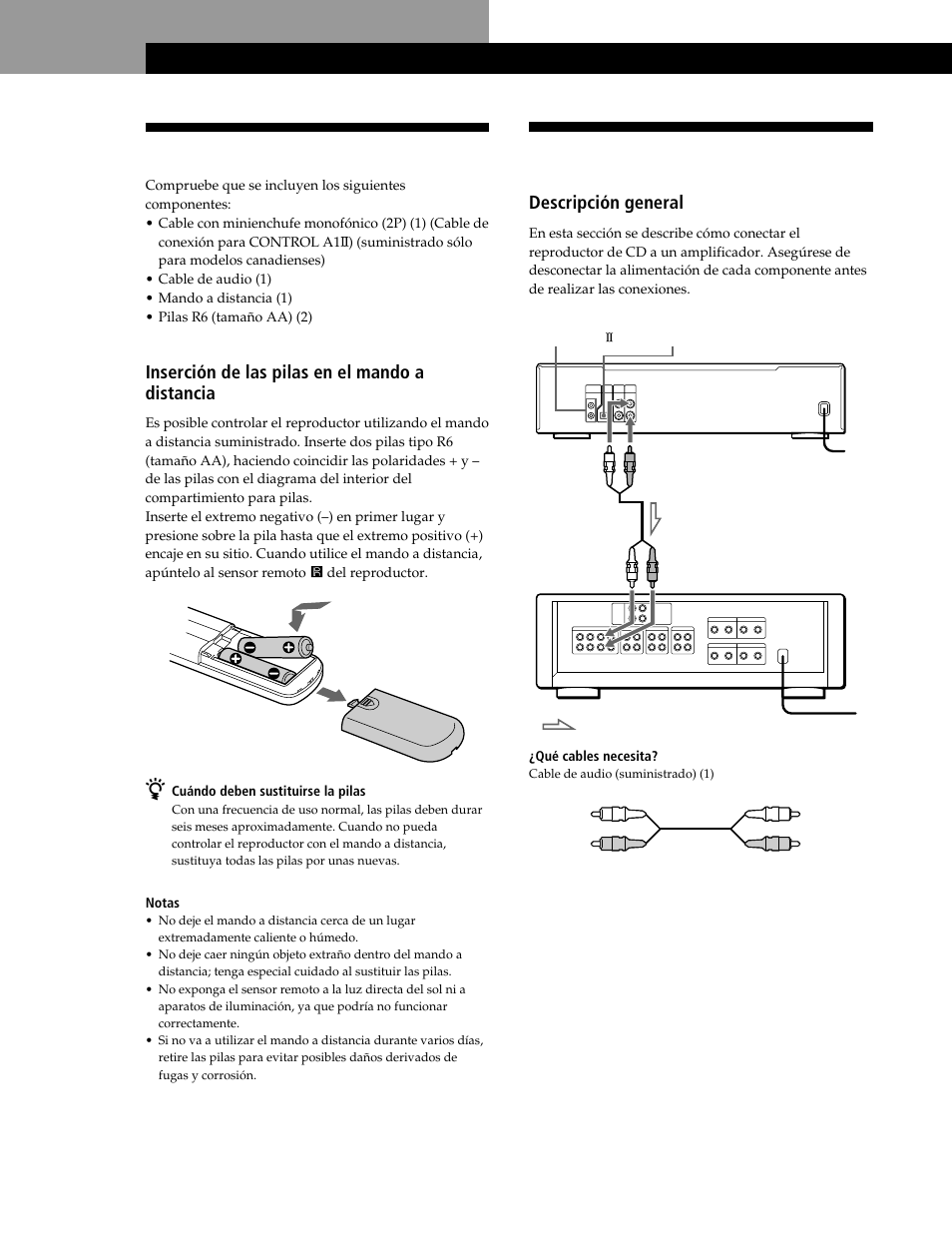 Desembalaje, Conexión del sistema, Procedimientos iniciales | Inserción de las pilas en el mando a distancia, Descripción general | Sony CDP-CE545 User Manual | Page 60 / 88