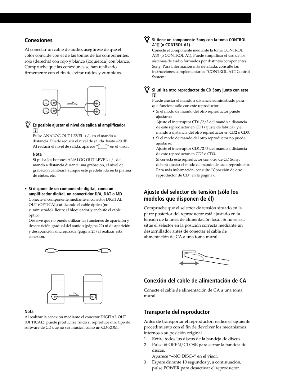 Procedimientos iniciales conexiones, Conexión del cable de alimentación de ca, Transporte del reproductor | Sony CDP-CE545 User Manual | Page 61 / 88