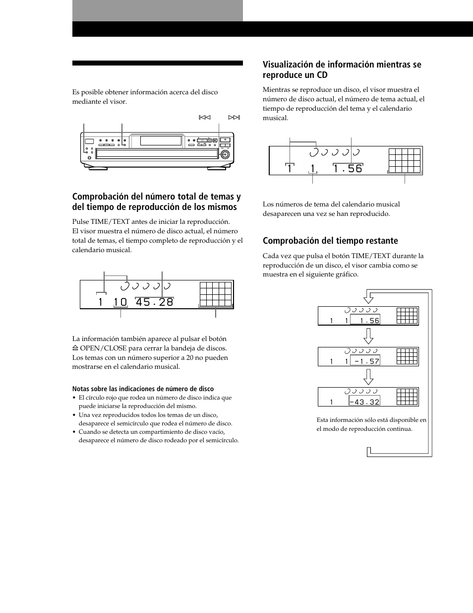 Uso del visor, Reproducción de discos compactos, Comprobación del tiempo restante | Time/text | Sony CDP-CE545 User Manual | Page 66 / 88