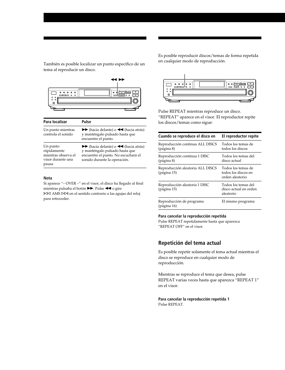 Localización de un punto determinado de un tema, Reproducción repetida, Reproducción de discos compactos | Repetición del tema actual | Sony CDP-CE545 User Manual | Page 70 / 88