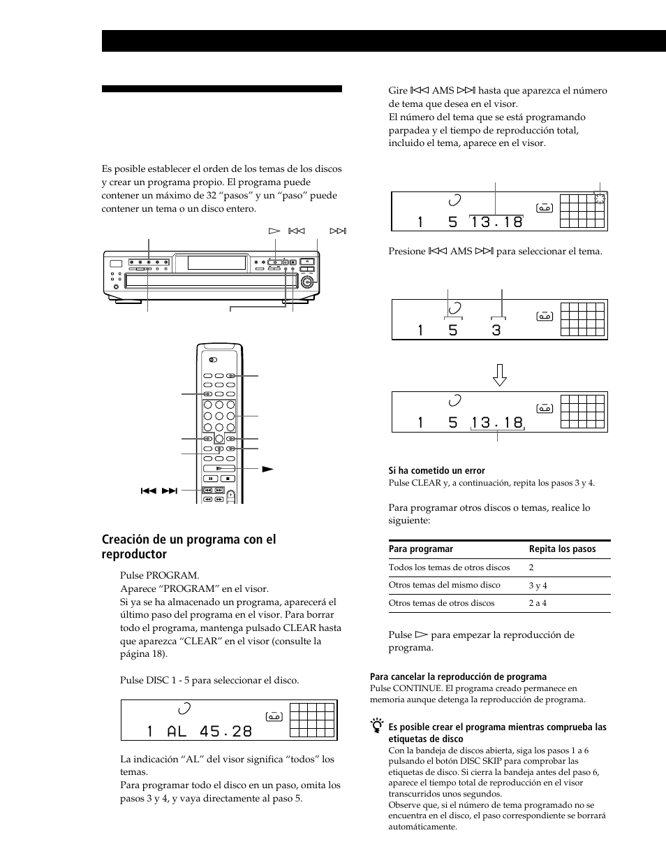 Reproducción de discos compactos, Creación de un programa con el reproductor 1 | Sony CDP-CE545 User Manual | Page 72 / 88